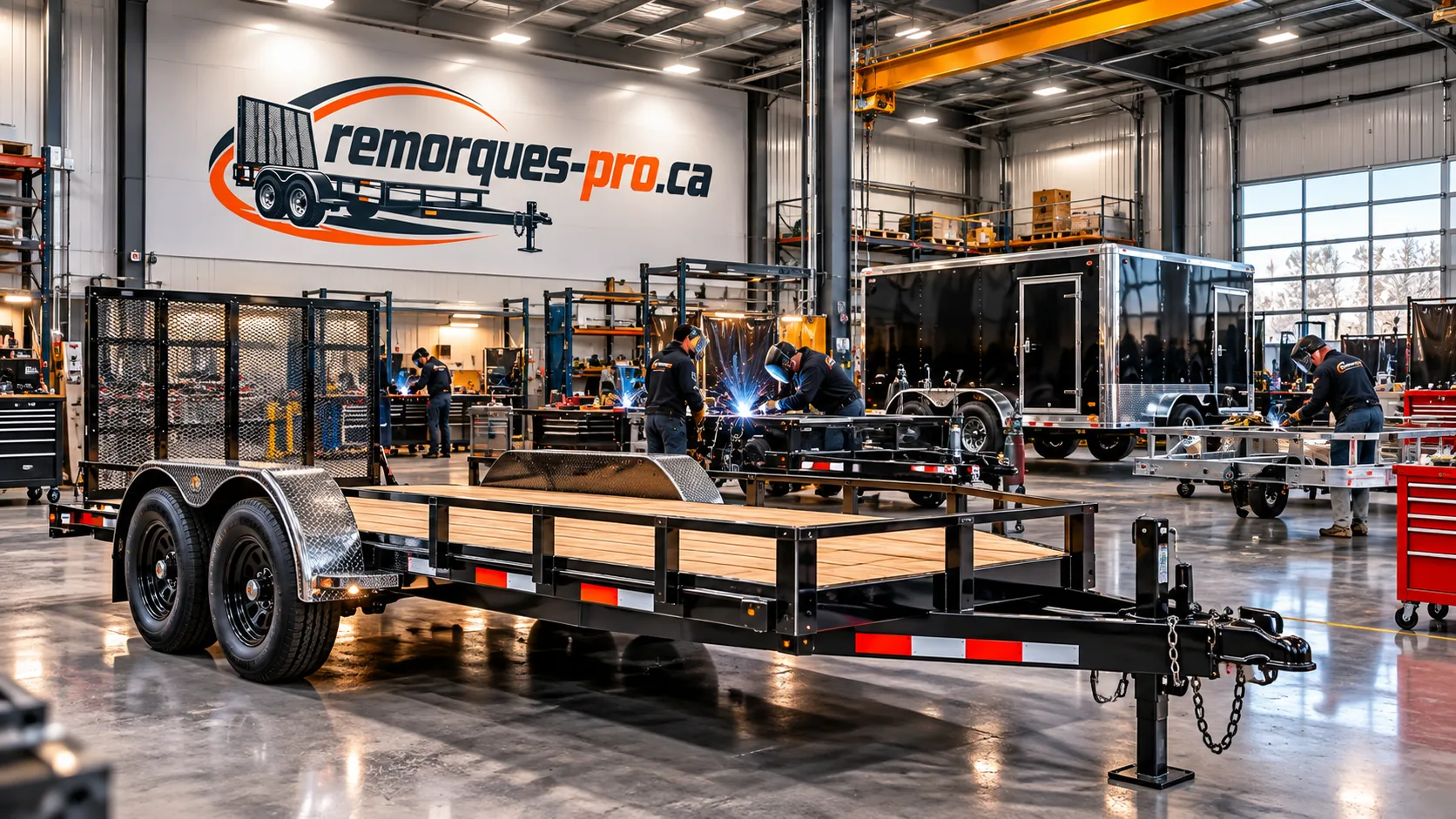 Atelier de fabrication de remorques, soudeurs au travail et remorque plateforme neuve au premier plan